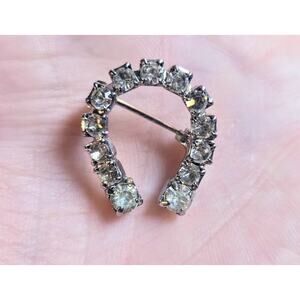 Vintage Horseshoe Brooch Good Luck Rhinestone Pin Silver Tone Metal Small 1"